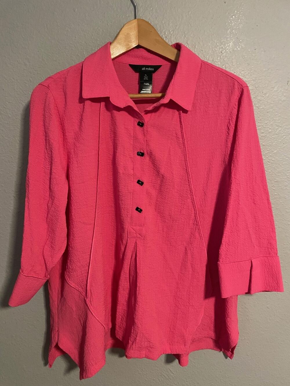 Ali Miles Womens Tunic Top Petite Large Pink Collared Crinkle Button Lagenlook